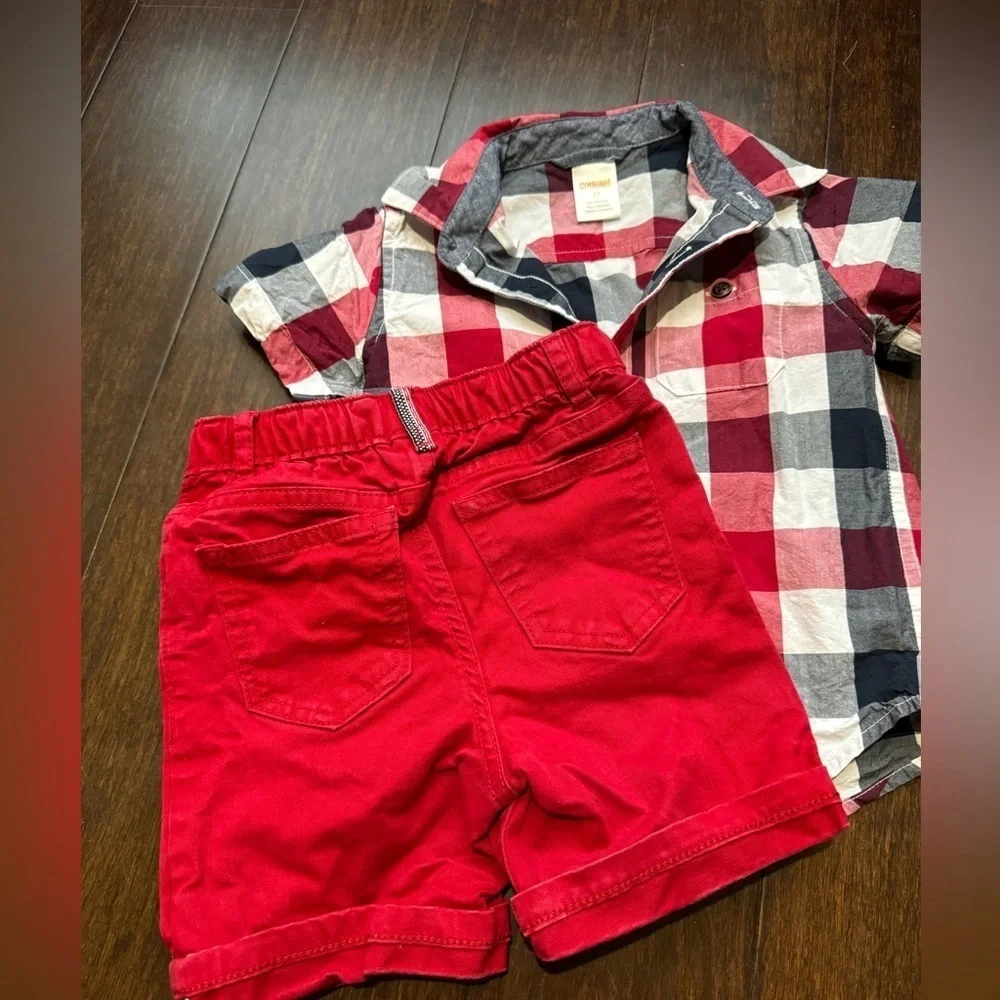 Gymboree American Cutie Gingham Button Up Shirt and Cuff Pull on Shorts